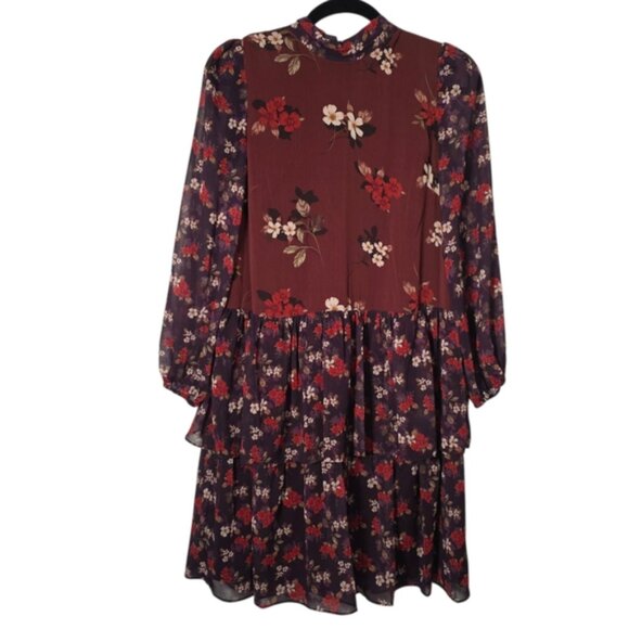 Eliza J Burgundy Floral Long Sleeve Tiered Dress Size 4 - Picture 2 of 12